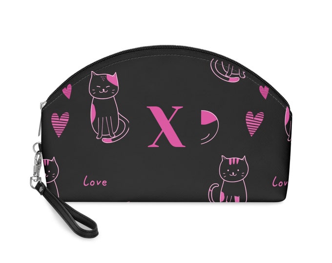 Pink Love Cats Black Makeup Bag, Accessory Bag, Personalized Cosmetic Bag, Women's Bag, Initial X
