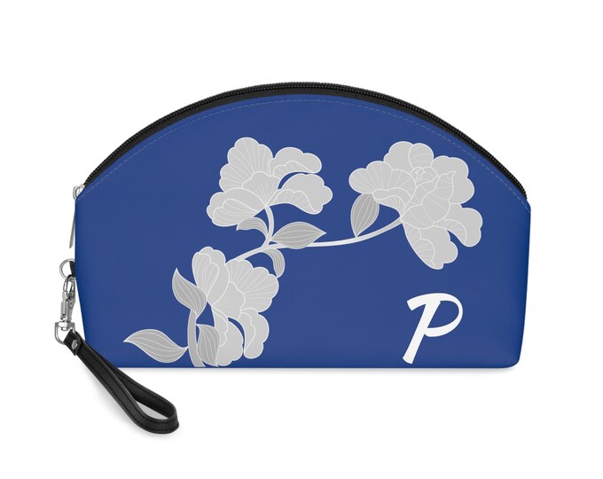 White and Blue Womens Floral Makeup Bag, Personalized with your Initial, Zippered Cosmetic Bag, Initial P