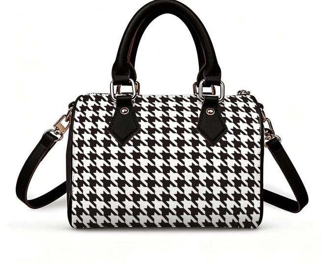 Small Houndstooth Pattern Barrel Crossbody Handbag