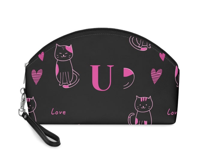 Pink Love Cats Black Makeup Bag, Accessory Bag, Personalized Cosmetic Bag, Women's Bag, Initial U