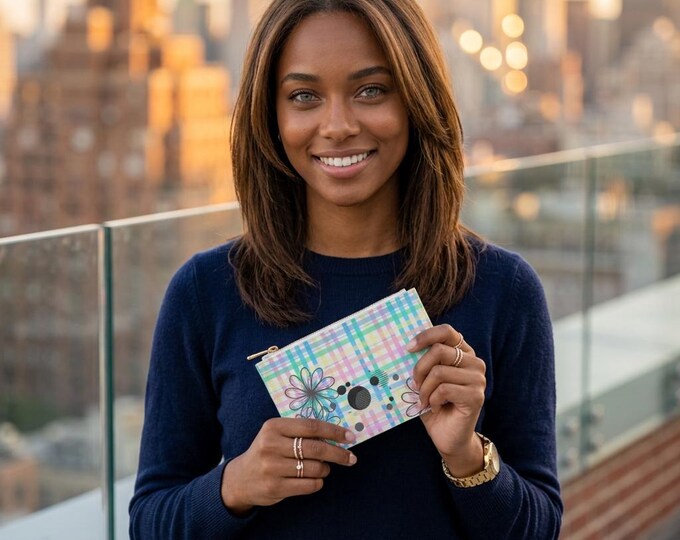 Pastel Plaid Floral Graphic Mini Clutch Wallet | Pastel Check Pattern Wallet