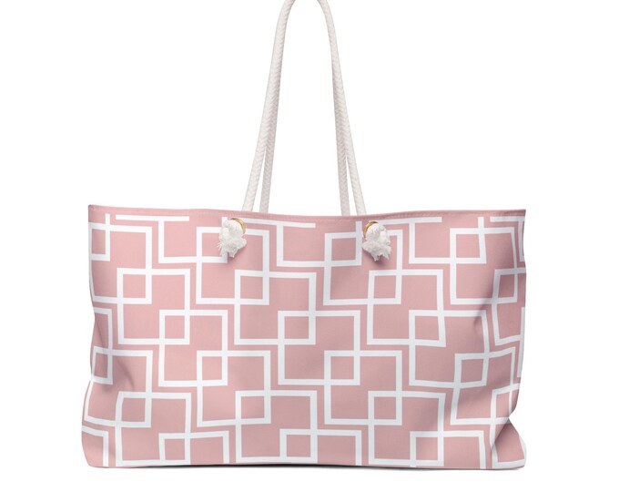Blush Geometric Squares Weekender Bag | Pink Tote, Rope Handles