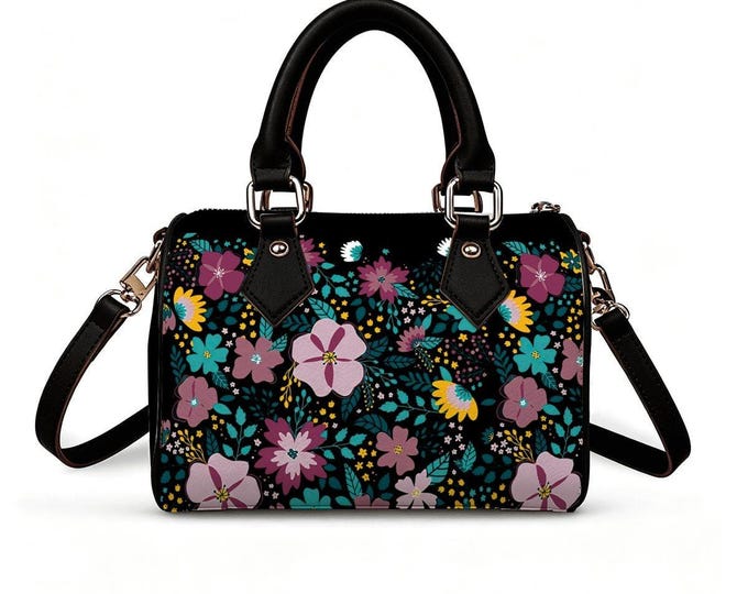 Dark Floral Pattern Black Large Barrel Crossbody Handbag