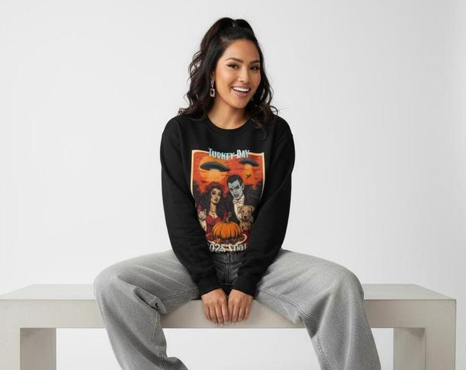 Zombie Woman and Vampire Guy, Harvest-Themed Crewneck Sweatshirt | Turkey Day, Fall Fashion, Thanksgiving Gift, Cozy Sweater, Autumn Attire