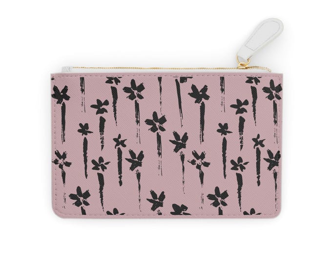 Hand-Drawn Black Floral Pattern Mini Clutch Bag | Pink Background