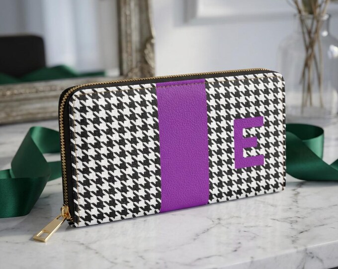 Purple & Black Houndstooth Personalized Zipper Wallet | Customize it with your Initial (A-Z)