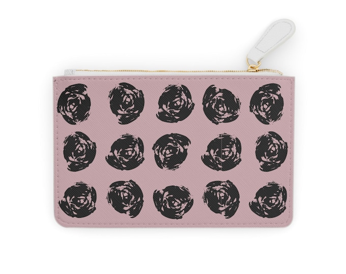 Black Brushstroke Roses Mini Clutch Wallet | Pink Floral Pattern