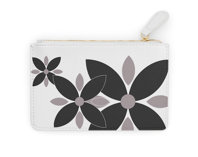 Monochrome Floral Pattern White Mini Cardholder | Black Grey Flowers
