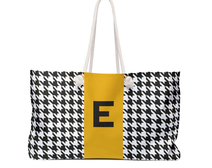 Houndstooth Black, White and Marigold, with Black E Initialized Detail Womens Weekender Tote Bag, Personalized Bag, Initialized Handbag