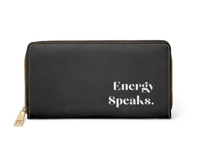 Energy Speaks Zipper Wallet | Black Phrase Leather Wallet