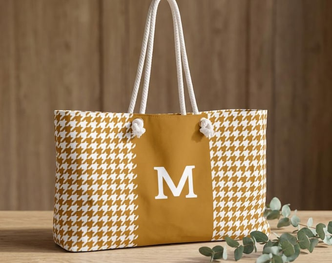 Monogram M Houndstooth Mustard Yellow White | Personalized with your Initial (Choose A-Z) Weekender Tote bag