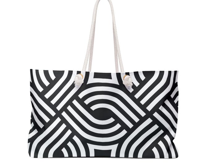 Black White Geometric Maze Weekender Bag | Modern Striped Pattern