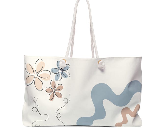 Abstract Floral Doodles Weekender Bag | Neutral Blue Beige Travel Tote