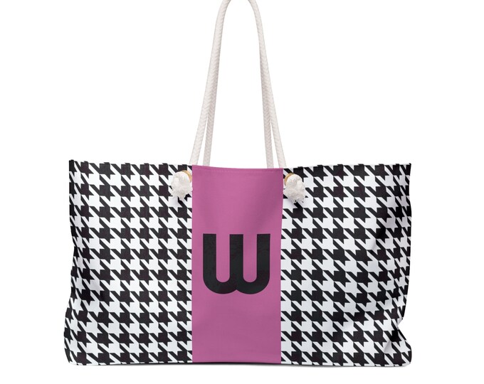 Houndstooth Black, White and Pink, with Black W Initialized Detail Womens Weekender Tote Bag, Personalized Bag, Initialized Handbag