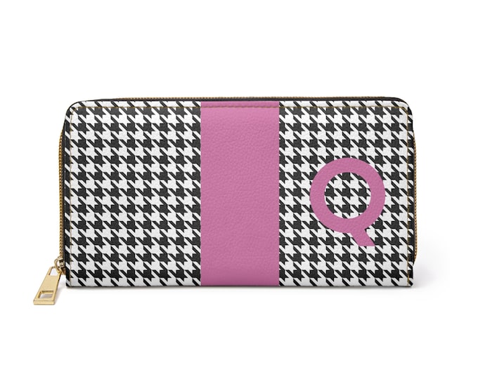 Houndstooth Black and White with Pink Q Initialized Detail Womens Zippered Wallet, Personalized Wallet, Initialized, Womens Wallet