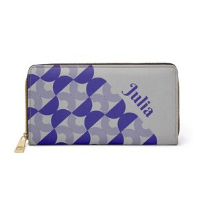 Cartera de mujer azul y gris claro, diseño moderno de mediados de siglo, personalizada con su nombre, billetera con cremallera