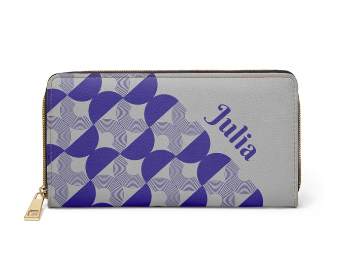 Blue and Light Gray Womens Wallet, Mid Century Modern Patter, Personalized with your Name, Zippered Wallet