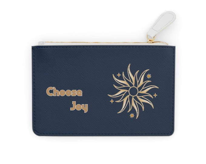 Choose Joy The Sun Tarot mini clutch bag | navy wrist pouch, sunburst design