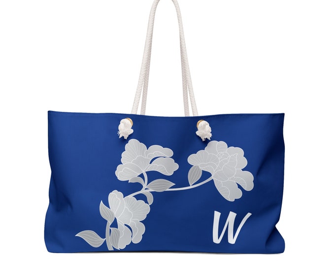 White & Blue Floral Tote Bag, Personalized Weekender with Initial W, Custom Travel Tote, Gift for Her, Oversized Beach Bag