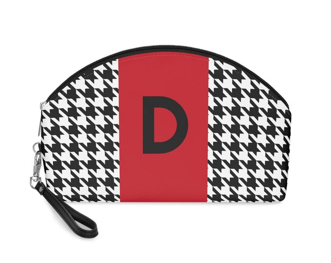 Red, Black, and White Houndstooth patterned Makeup Bag, Personalized with Initial D, Her Makeup bag, Initialized