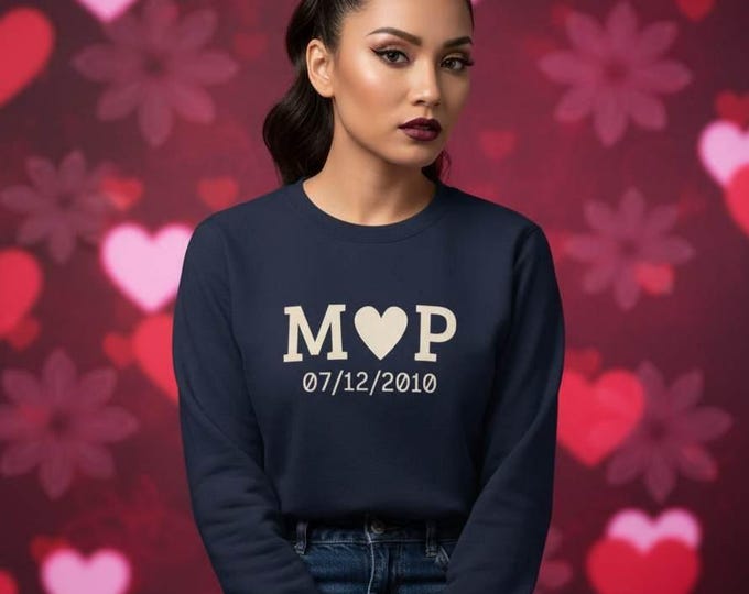 Custom Initials with Date Valentine's Day Sweatshirt | Cream and Navy Personalized Couples Crewneck