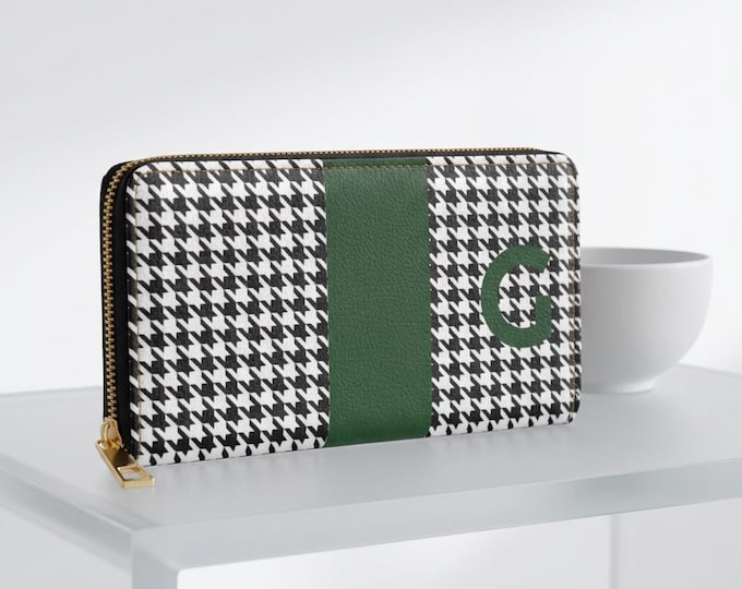 Houndstooth Black and White with Forrest Green, G Initialized Detail Womens Zippered Wallet