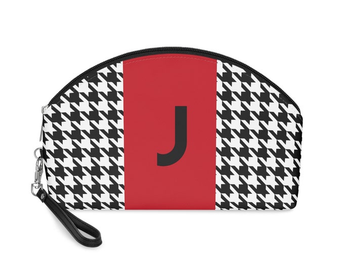Red, Black, and White Houndstooth patterned Makeup Bag, Personalized with Initial J, Her Makeup bag, Initialized