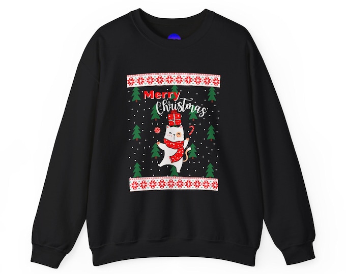 Cat Ugly Christmas Sweater, Black Unisex Heavy Blend Crewneck