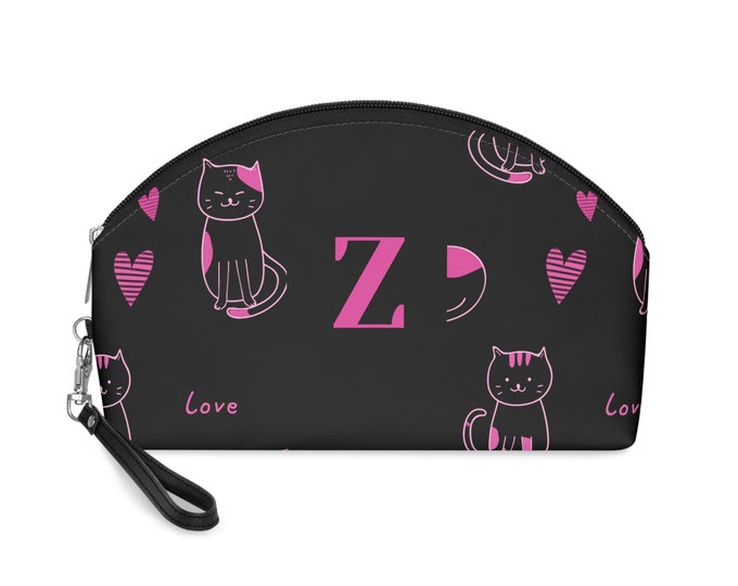 Pink Love Cats Black Makeup Bag, Accessory Bag, Personalized Cosmetic Bag, Women's Bag, Initial Z