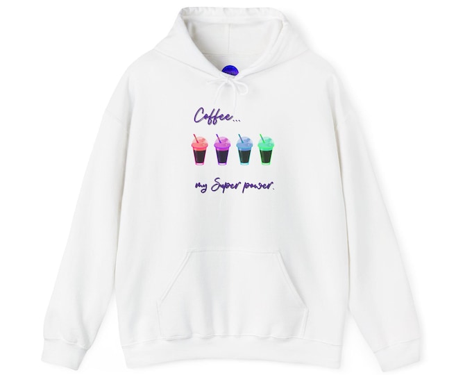 Coffee Is My Superpower Hoodie | Unisex Cozy Pullover | White, Gray, Purple or Pink | Gift for Coffee Lovers | Superpower Sweatshirt