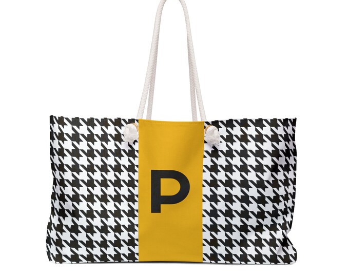 Houndstooth Black, White and Marigold, with Black P Initialized Detail Womens Weekender Tote Bag, Personalized Bag, Initialized Handbag