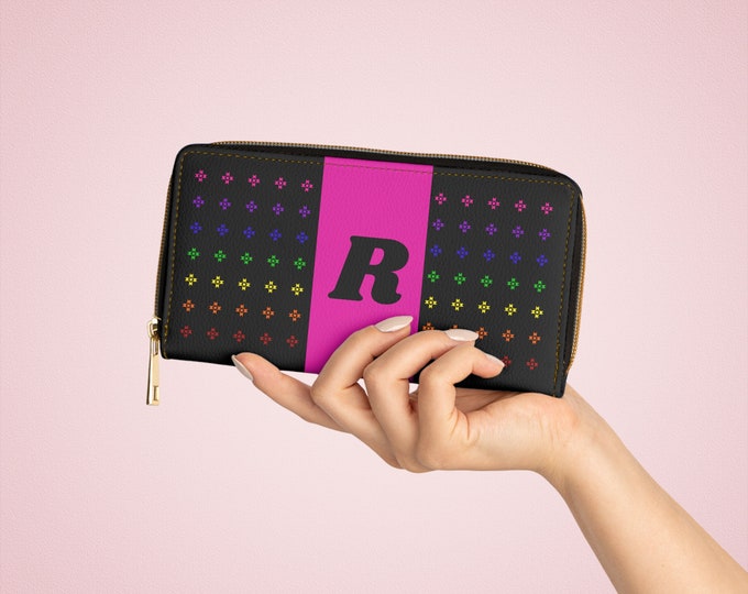 Rainbow Native Stars Womens Wallet, Pink Detail, Personalized with Black Initial R, Initialized Zipper Wallet, Native American Designed