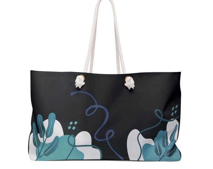 Teal Floral Abstract Weekender Bag | Black Botanical Tote
