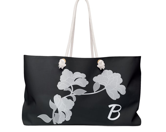 Black & White Floral Tote Bag, Personalized Weekender with Initial B, Oversized Beach Bag, Gift for Her, Travel Tote