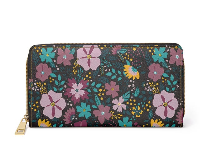 Magenta Aqua l Floral Black Zipper Wallet | Botanical Flowers Pattern