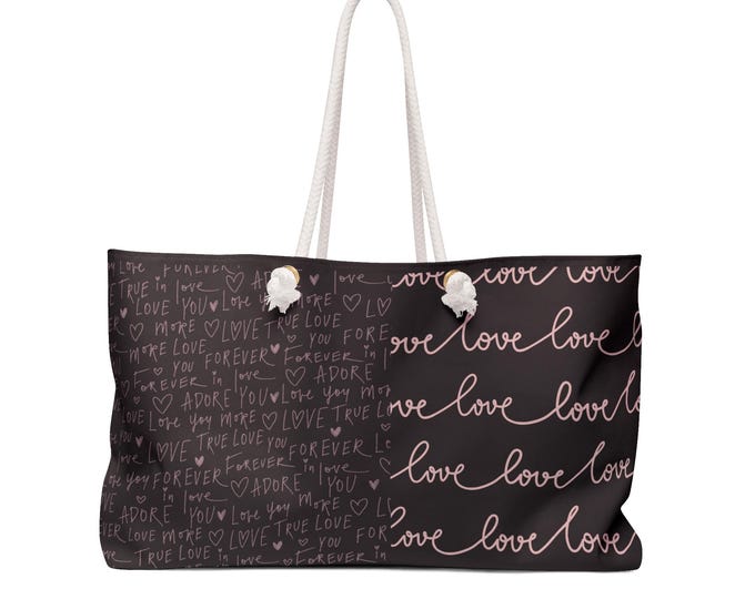 Pink Script 'love' Pattern Weekender Bag | Black Heart Doodle Tote