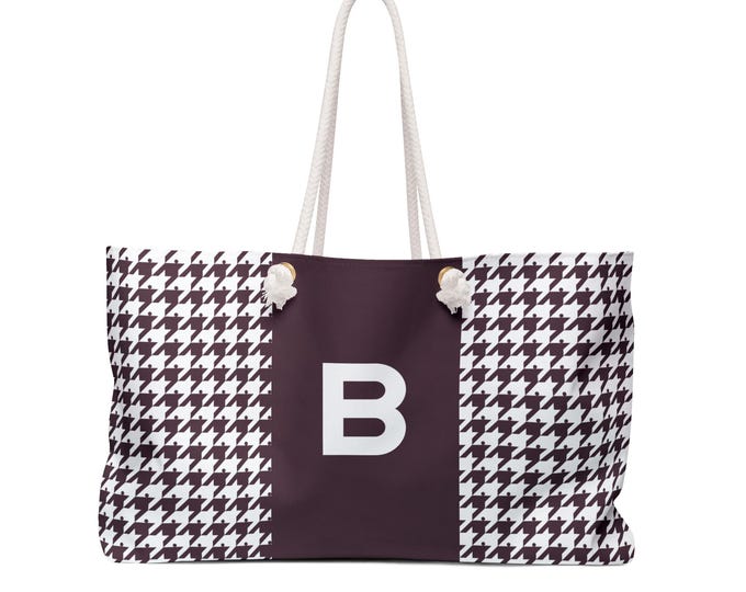 Native Berry Houndstooth Weekender Tote, Personalized A Z Initial Bag, Sustainable Oversized Travel Purse for Her