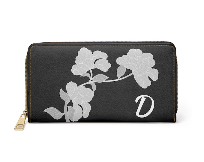 Black and White Womens Floral Wallet, Personalized with your Initial, Zippered Wallet, Initial D