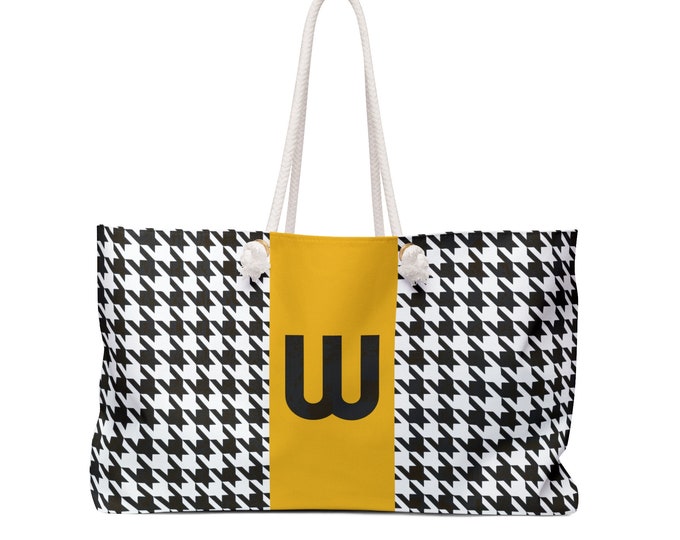 Houndstooth Black, White and Marigold, with Black W Initialized Detail Womens Weekender Tote Bag, Personalized Bag, Initialized Handbag
