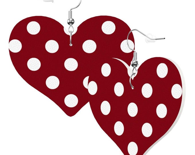 Red and White Polka Dot Heart Shape Leather Earrings