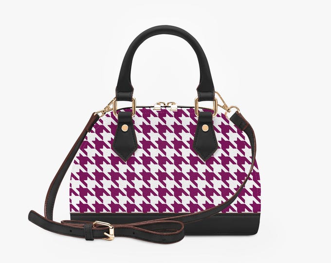 Magenta White Houndstooth Pattern Convertible Top Handle Crossbody Bag