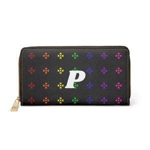 Cartera para mujer con estrellas nativas del arcoíris, personalizada con la inicial P blanca, cartera con cremallera inicializada
