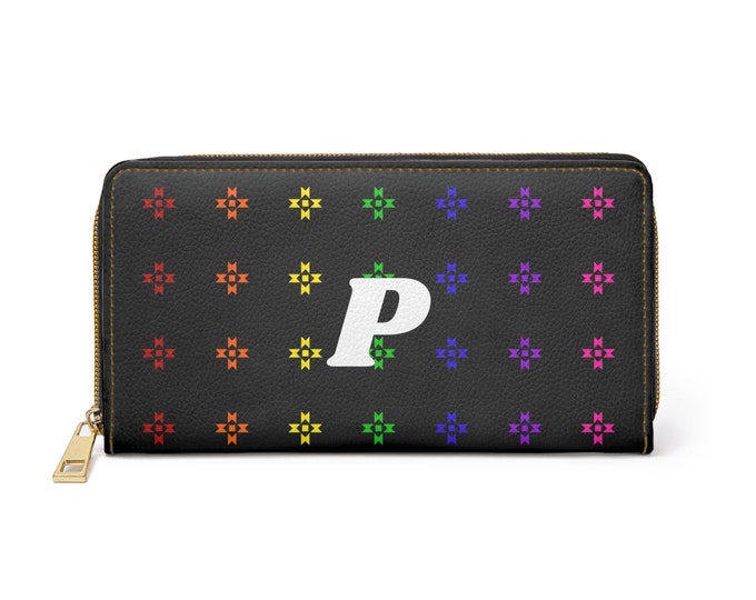 Rainbow Native Stars Wallet | Personalized Zipper Wallet with Initial P | Faux Leather Gift for Her | Colorful Indigenous Style Purse