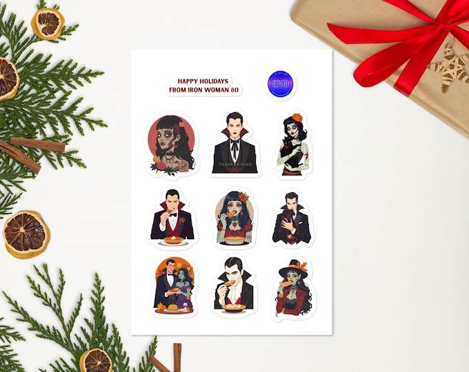 Turkey Day 2025 Style, Zombie Woman and Vampire Man, Gothic Glam, UFO, Cat and Dog too Sticker sheet