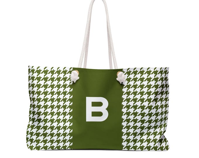 Warrior Olive Houndstooth Weekender Tote, Personalized A-Z Initial Bag, Sustainable Oversized Travel Purse for Her