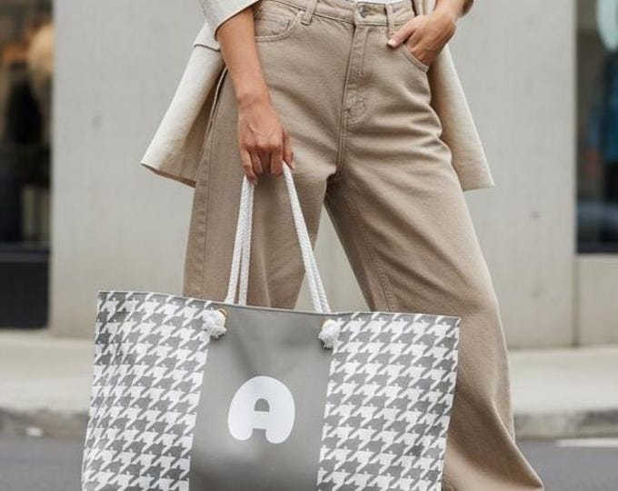 Houndstooth Black, White & Beige Weekender Tote Bag – Personalized A-Z Initial Detail – Women’s Handbag