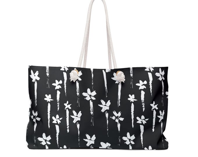 Monochrome Hand-Painted Flowers Weekender Bag | Black White Floral Travel Tote