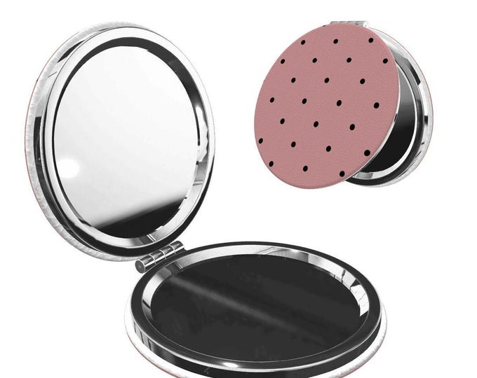 Round Shape Portable Pocket Mirror, Black Polka Dots in Featherlight Pink