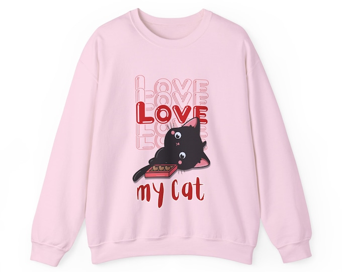 Pink Love My Cat Valentine Sweater, Unisex Heavy Blend™ Crewneck Sweatshirt