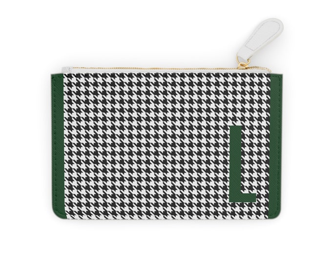 Houndstooth Forrest Green Detail Initialized, L Initial, Personalized Mini Clutch Bag, Womens Zippered Card Holder
